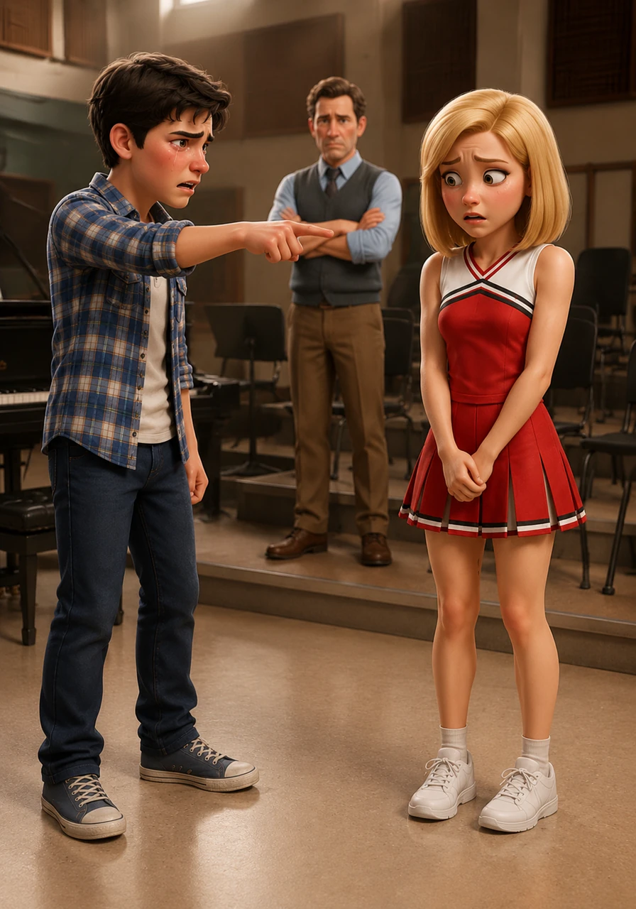 Finn confronts Quinn in front of Mr. Schue in the choir room, laying bare all her lies and cruel actions. The confrontation is explosive, leading to Quinn being permanently removed from the Glee club and expelled from the school. Quinn stands stunned and isolated as her web of deceit completely unravels around her.