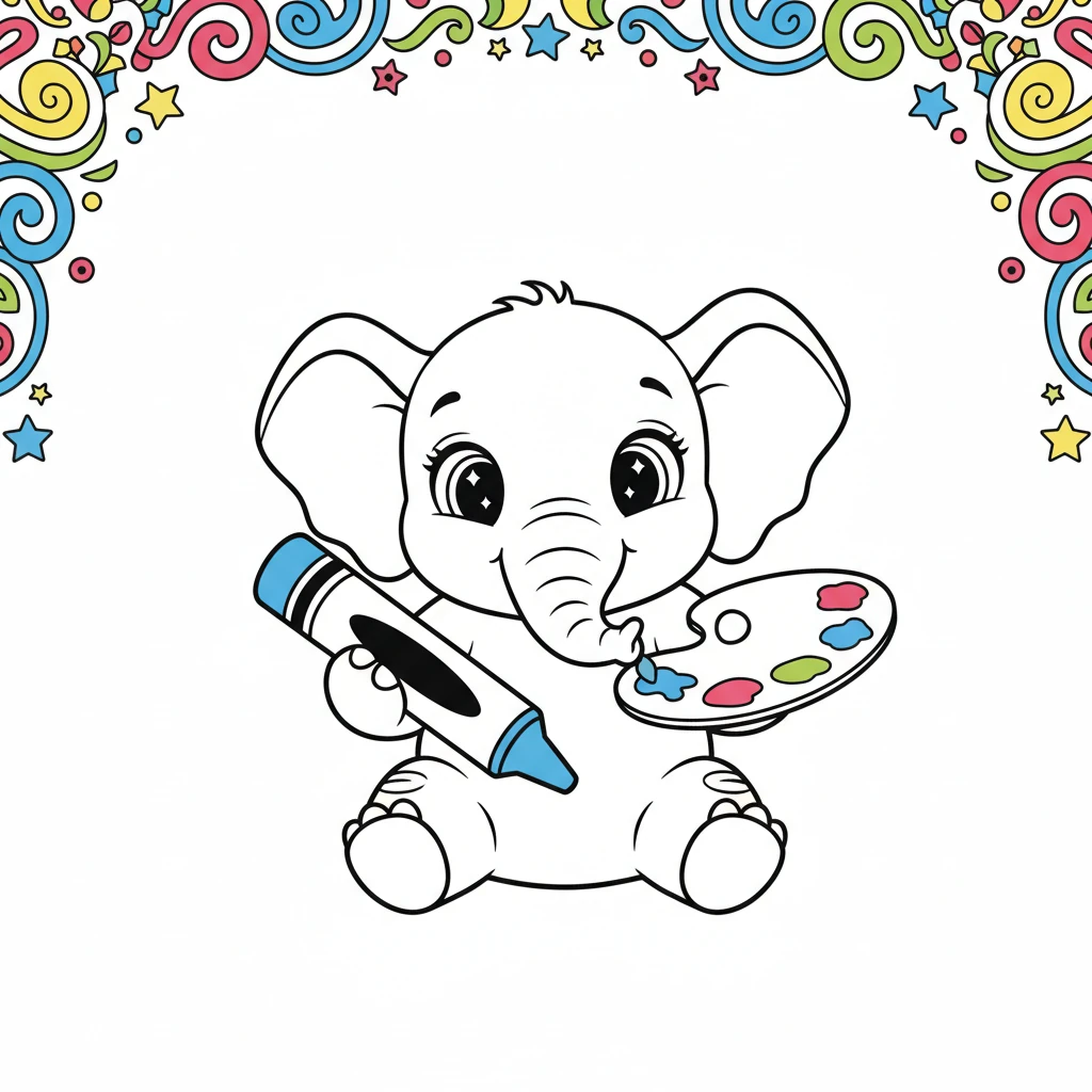 The adventure begins with the cover of a bright, inviting coloring book. A cheerful baby elephant, Pip, sits front and center, its big, innocent eyes sparkling, outlined in bold black lines against a crisp white background, ready for a splash of color. Simple, whimsical swirls frame the top, leaving space for the book's title, promising endless creative fun.