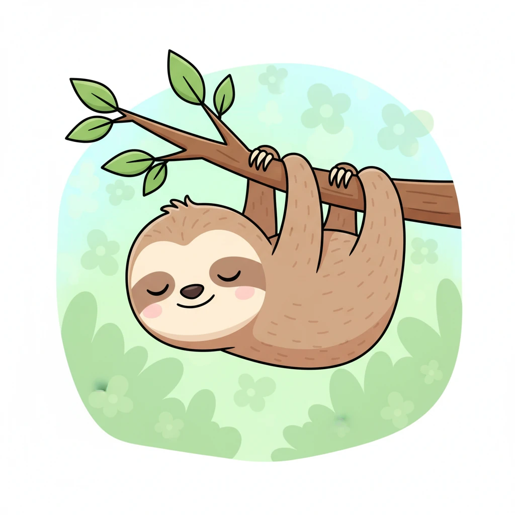 Turning the page, we meet a sleepy baby sloth, gently hanging from a branch. Its sweet, smiling face and simple, rounded body are perfectly captured in clean black outlines, inviting little artists to choose the coziest shades of green and brown. This tranquil scene sets a calm, happy mood for coloring.