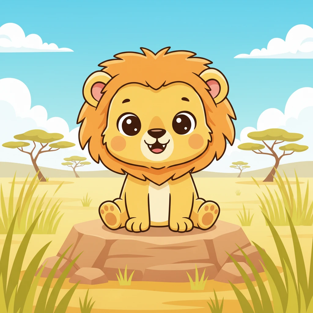 A majestic yet tiny baby lion cub sits with a proud little roar, its mane a soft, rounded outline ready for golden hues. Its expressive face holds a gentle smile, inviting children to imagine it in a sunny savanna. The clean line art makes coloring this king of the jungle a delightful task.