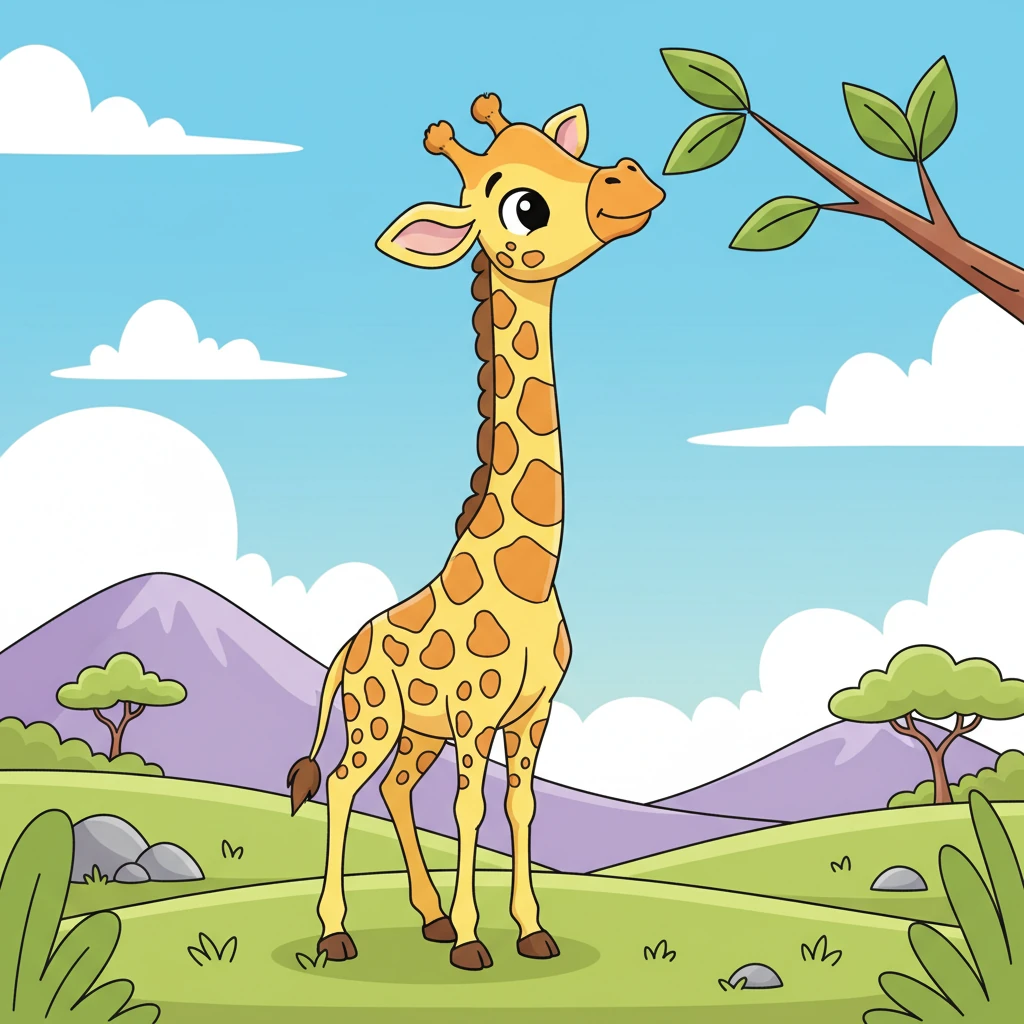 Standing tall and graceful, a baby giraffe with its long neck and big, friendly eyes appears. Its distinct spotted pattern is outlined with smooth, easy-to-color shapes, ready for vibrant yellows and browns. This gentle giant brings a touch of the wild to the coloring journey.