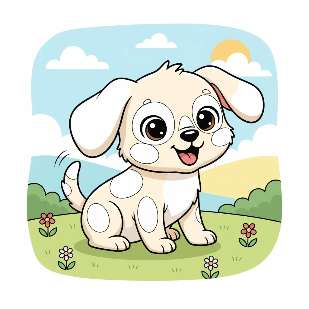 A happy baby dog sits with its tail wagging, its tongue slightly out in a joyful pant. Its big, friendly eyes and floppy ears are outlined in a way that truly captures its lovable energy. This loyal companion is eager for kids to choose its fur color, making it uniquely their own.