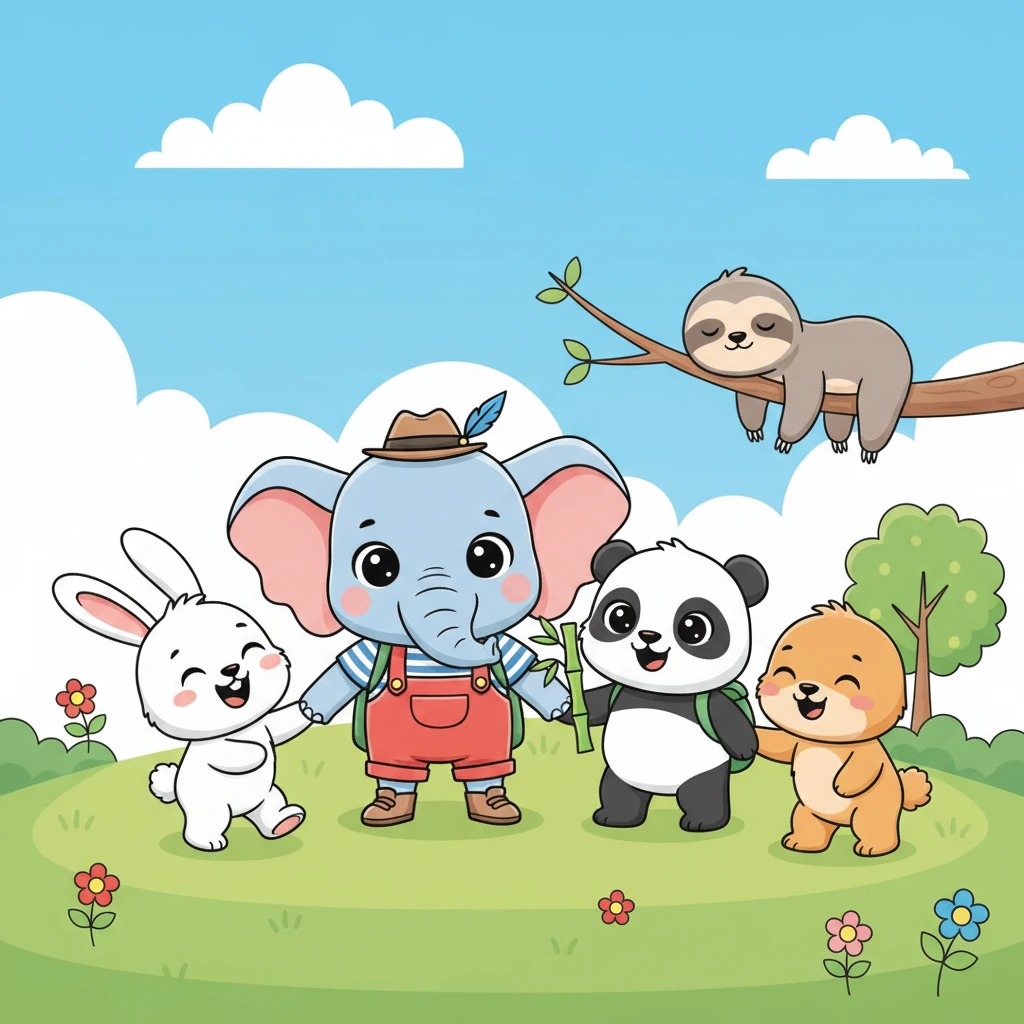 The final scene is a delightful bonus page, featuring a cheerful gathering of several baby animals all together. Pip the elephant, the sloth, panda, and bunny are among the friends, all smiling and interacting in a charming group pose. Each animal retains its simple, bold black outline, creating a bustling, adorable scene that invites a grand finale of colorful creativity.