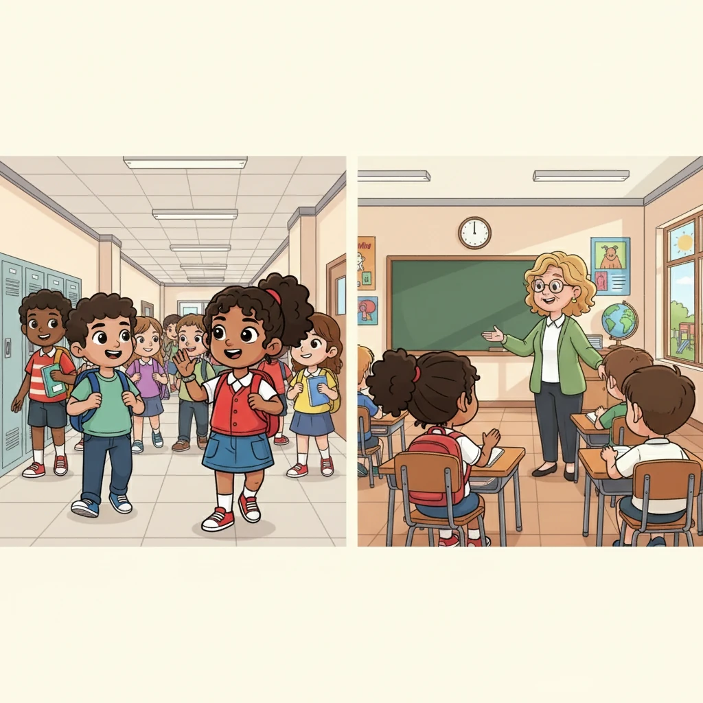 Inside the school, Nasyila walked through the crowded hallways, searching for her classroom. She spotted some familiar faces, and a smile spread across her face. Finding her homeroom, she took a seat and greeted her teacher, who welcomed everyone warmly.