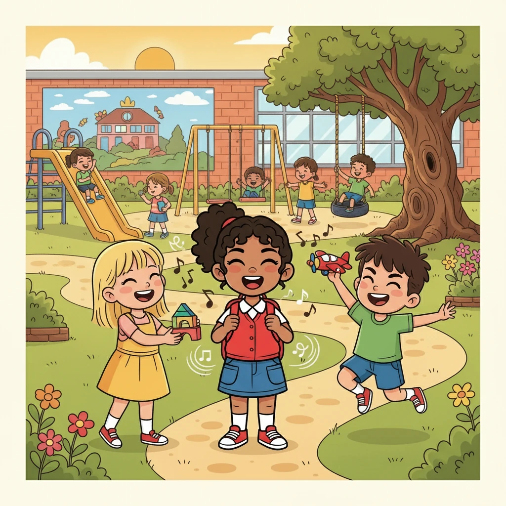 During recess, Nasyila met two new friends: a kind girl named Rina and a playful boy named Budi. They started playing games and sharing stories, and their laughter echoed through the schoolyard. Together, they explored the school and its surroundings.