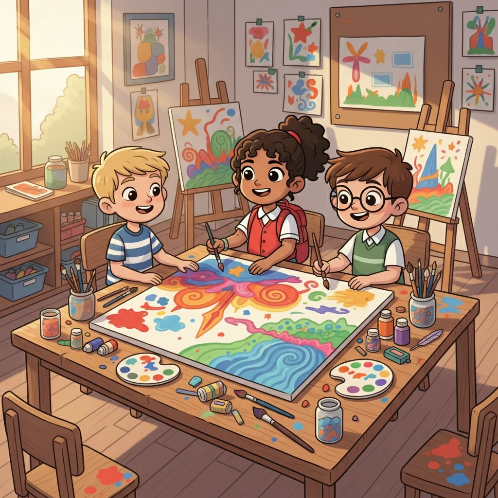 In the art class, Nasyila, Rina, and Budi collaborated on a colorful project. They learned about different art techniques and let their imaginations run wild. Their teamwork and creativity turned the classroom into a bright, inspiring space.