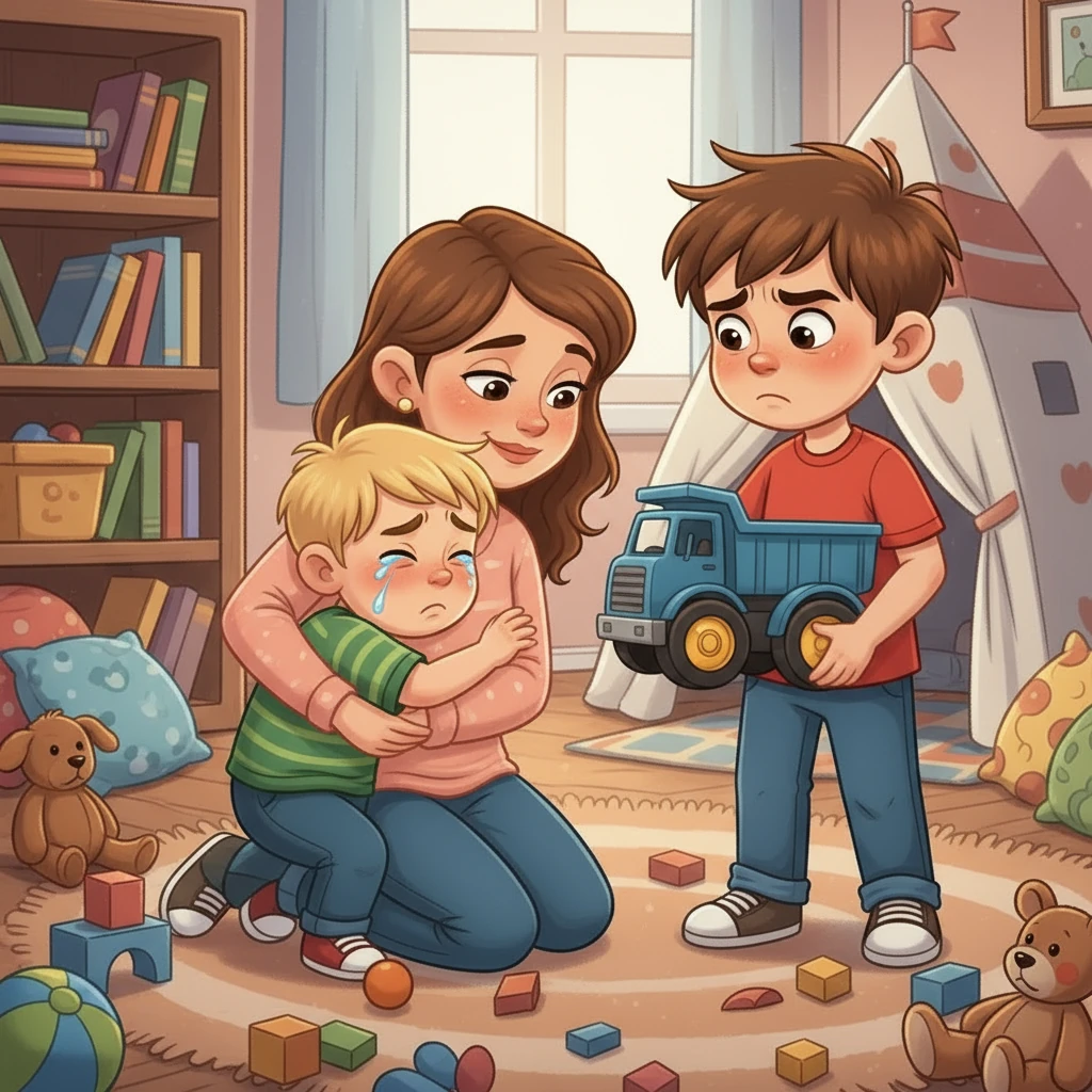 A mãe de Miguel e Rafael, vendo a briga, veio correndo. Ela abraçou Rafael, que ainda soluçava. Miguel, com o caminhão na mão, olhou para os dois, sentindo uma pontada de culpa.