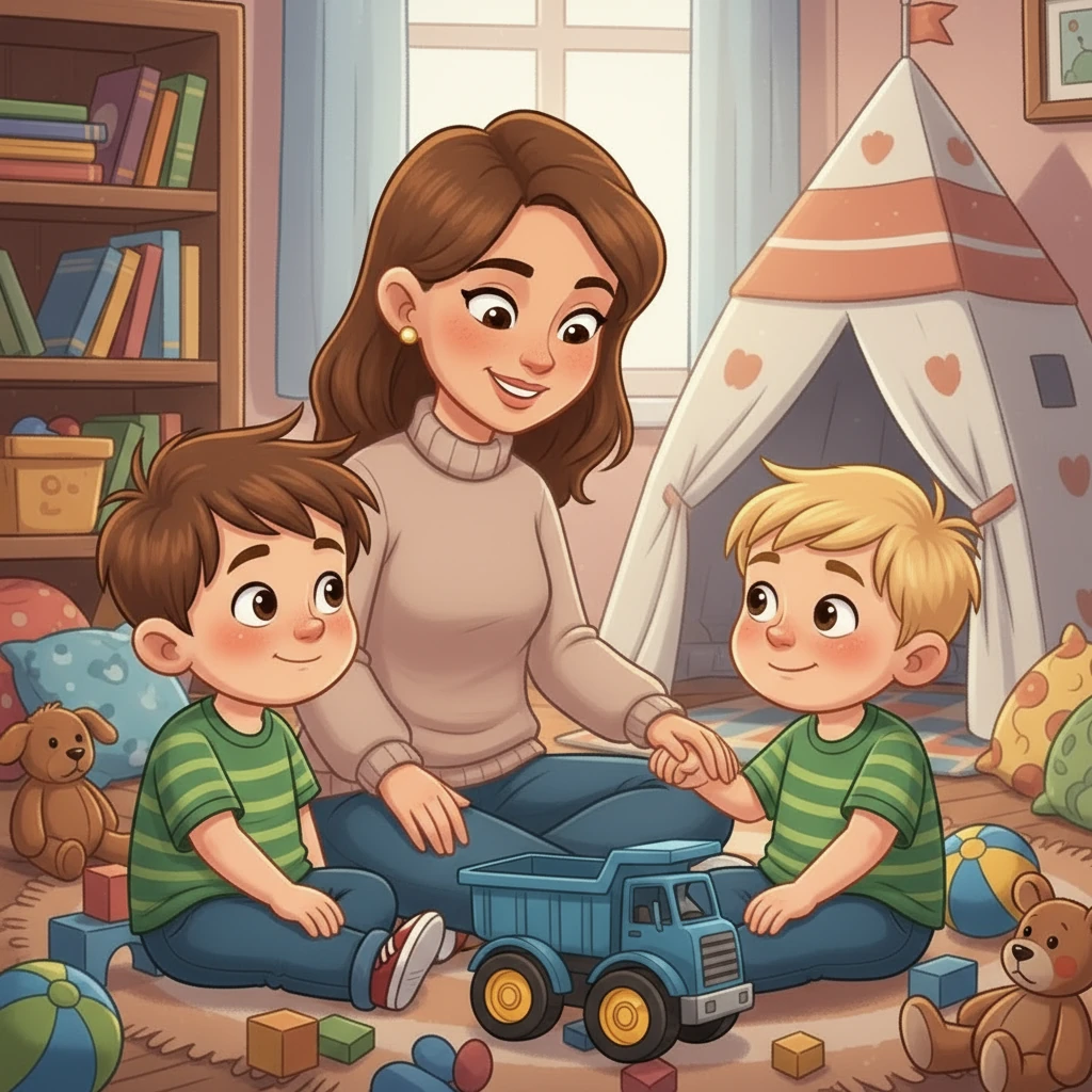 A mãe sentou com os dois meninos no tapete. Ela explicou que dividir e ser gentil com os outros era importante. Ela disse que os brinquedos eram para serem compartilhados, e que o amor era o maior tesouro.