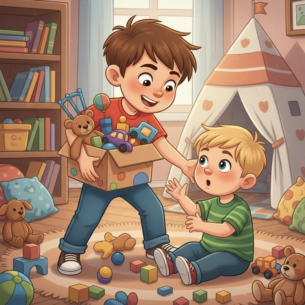 Ela mostrou a Miguel e Rafael uma caixa cheia de brinquedos. Ela disse que todos os brinquedos eram para eles brincarem juntos. Ela incentivou-os a escolher algo e brincar juntos.