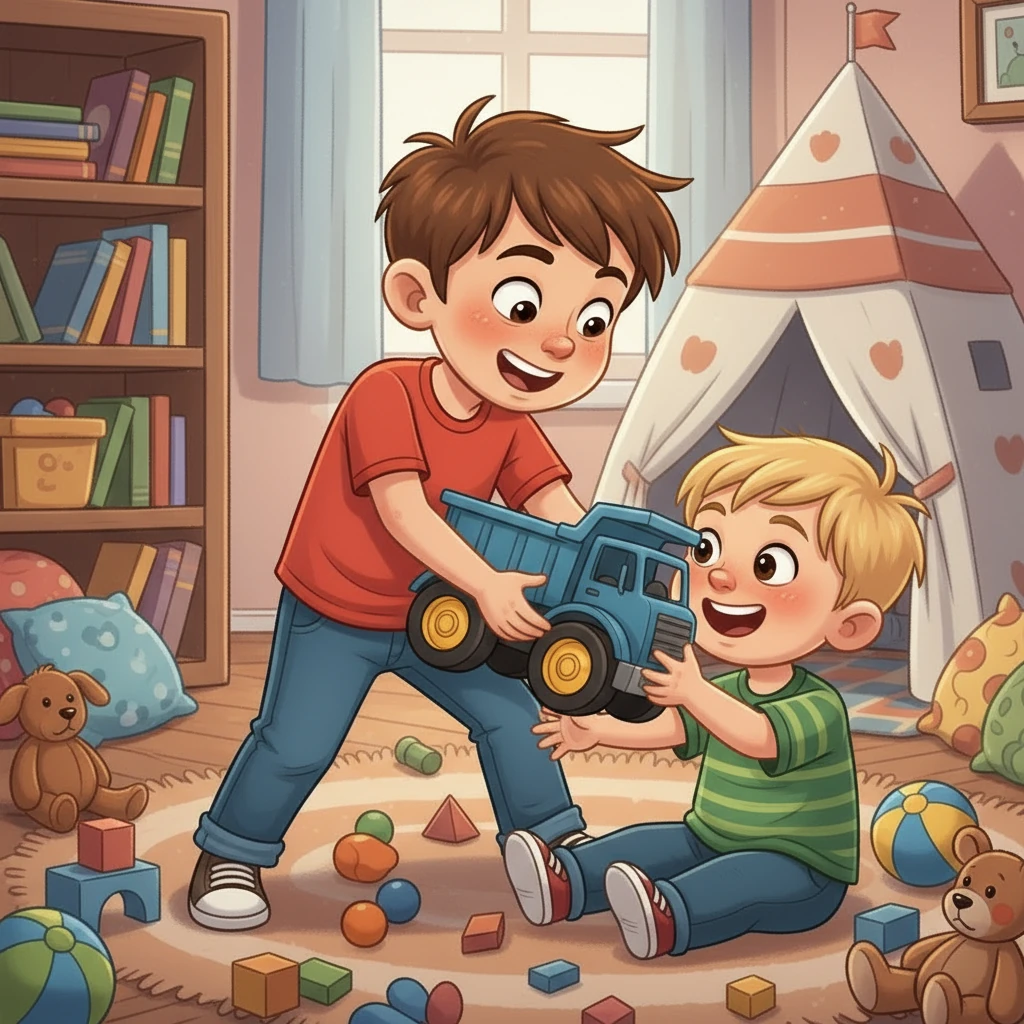 Miguel, pensando nas palavras da mãe, ofereceu o caminhão para Rafael. Rafael, surpreso, sorriu e pegou o caminhão. Eles começaram a brincar juntos, rindo e inventando histórias.