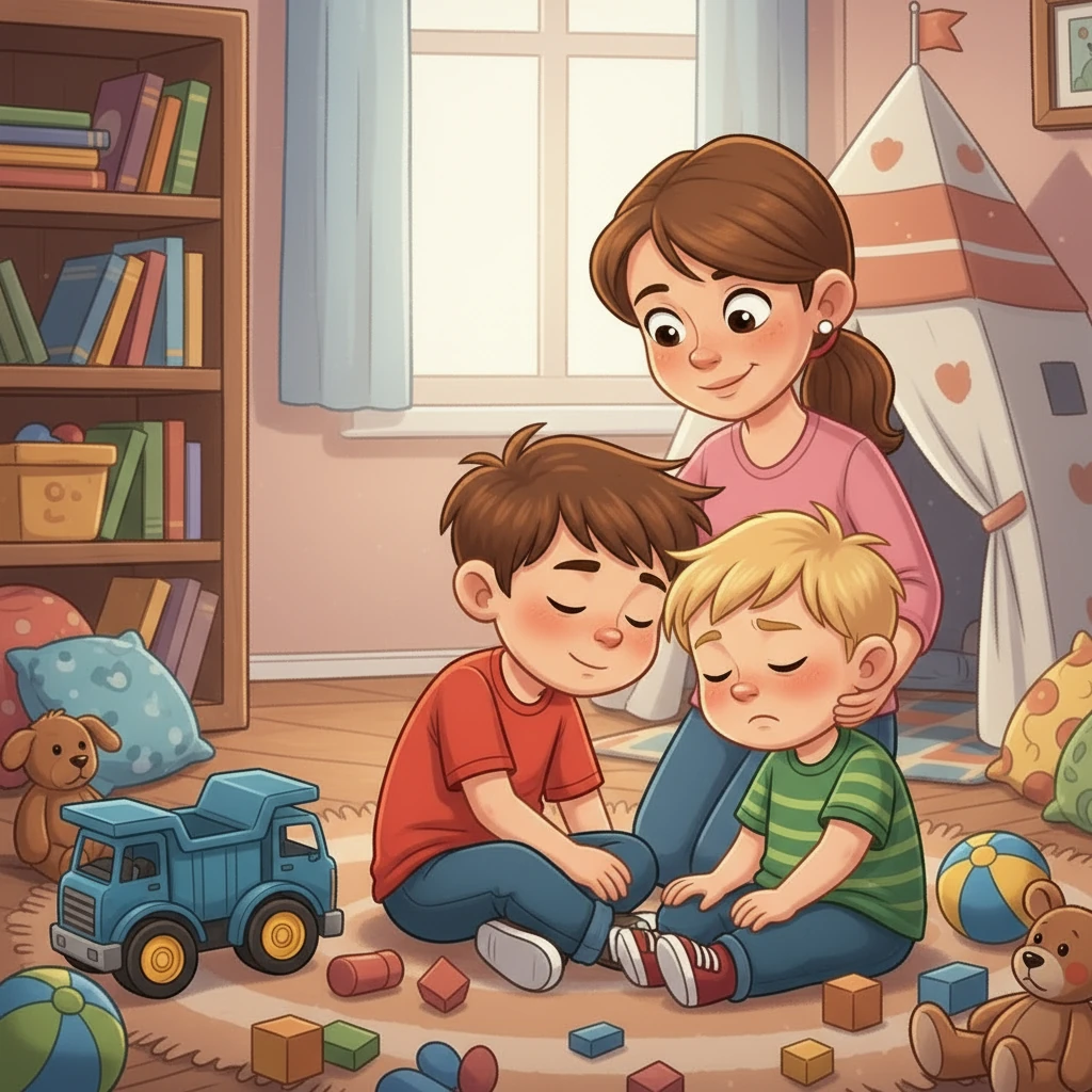 No final do dia, Miguel e Rafael estavam abraçados, felizes e cansados. Eles aprenderam que compartilhar e amar era muito melhor do que brigar. A mãe sorriu, orgulhosa do amor que seus filhos sentiam um pelo outro.