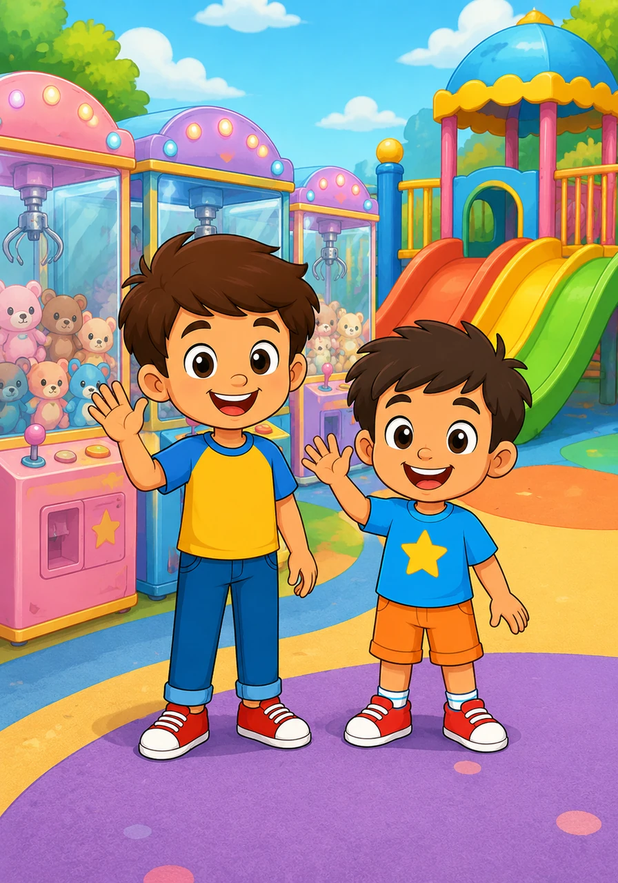 Willy and Timmy stand in a bright playground filled with pastel claw machines and a colorful slide. They wave happily at the viewer with big smiles and friendly eyes. Hi friends! Can you say hello to Willy and Timmy?