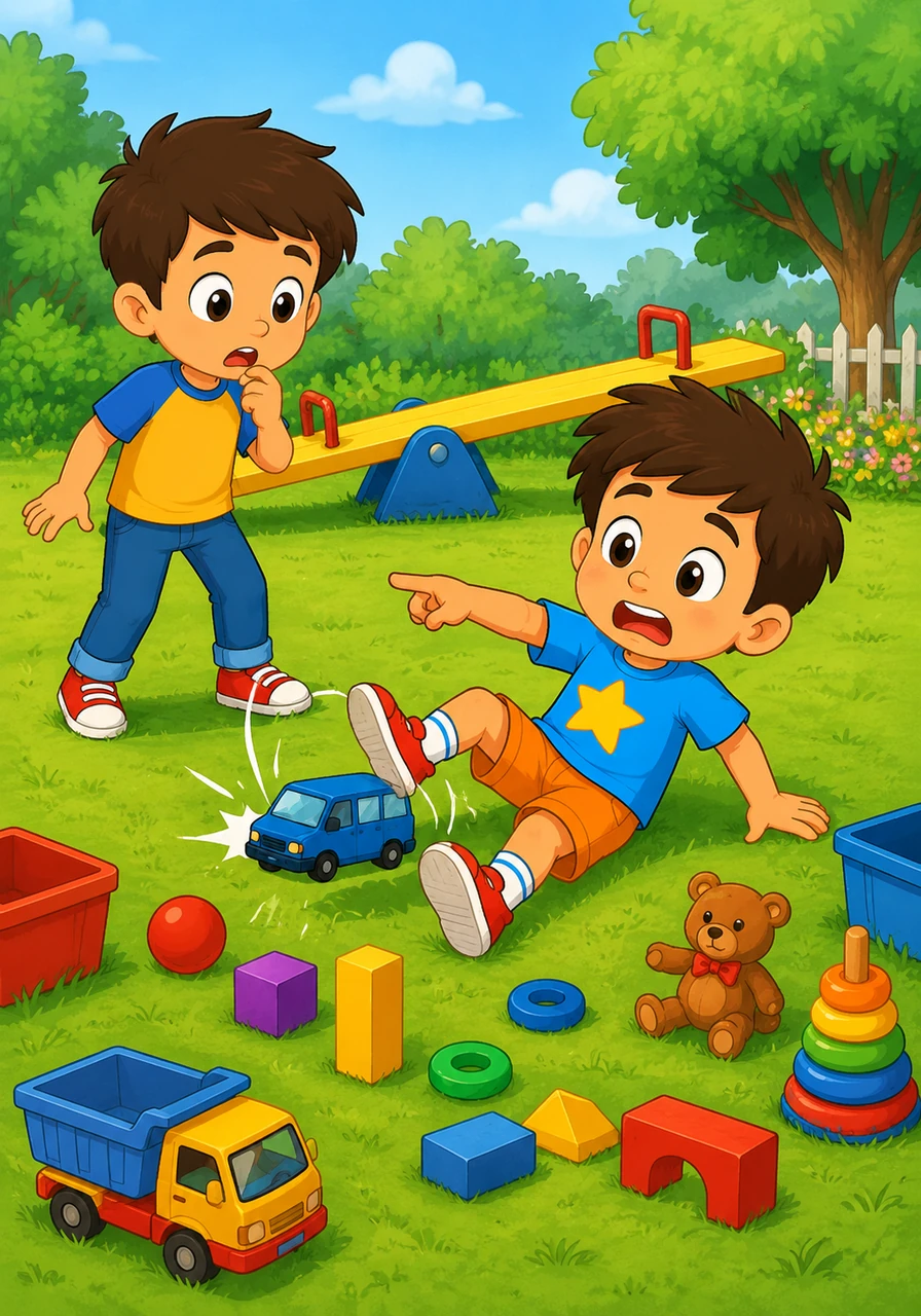 Timmy runs toward a see-saw but accidentally steps on a small blue toy van. He slips and falls onto the soft grass while Willy looks on with a concerned expression. Willy asks, "Timmy, what happened?" and Timmy points to the toys scattered everywhere.