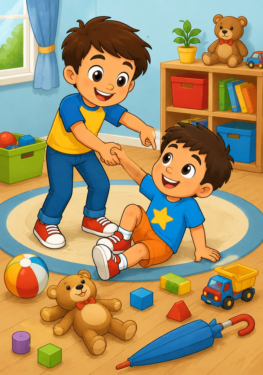 Willy helps Timmy stand up and points to the messy ground filled with toys like a teddy bear and an umbrella. Willy tells the audience that it is not safe to play with toys on the floor and suggests they clean up. Can you help us pick up the toys?
