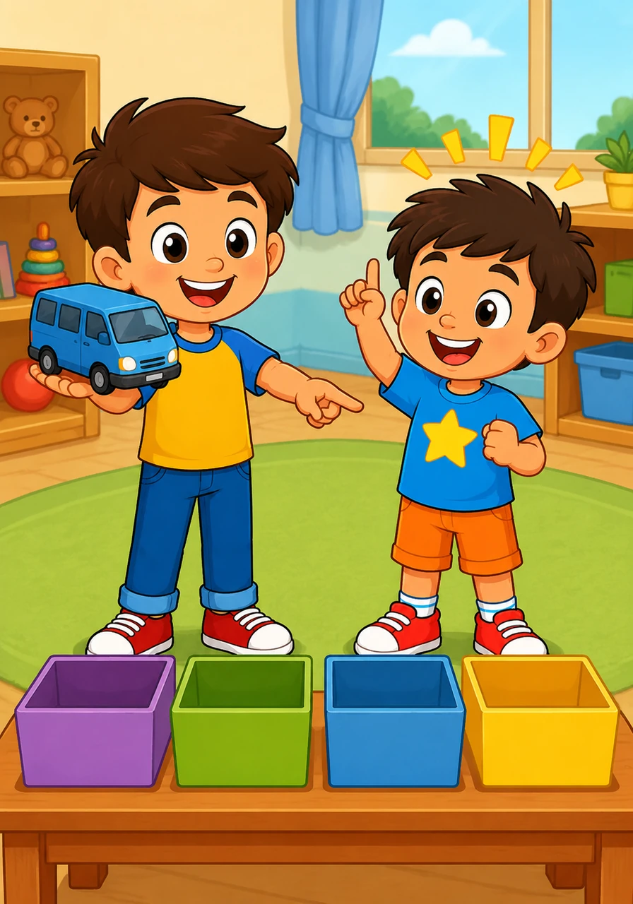 Willy picks up the blue toy van and holds it out for the audience to see. He asks, "It’s a van! Which box should it go in?" while pointing to boxes labeled Tt, Uu, Vv, and Ww. After a pause, they cheer as Timmy realizes that Vv is for van.