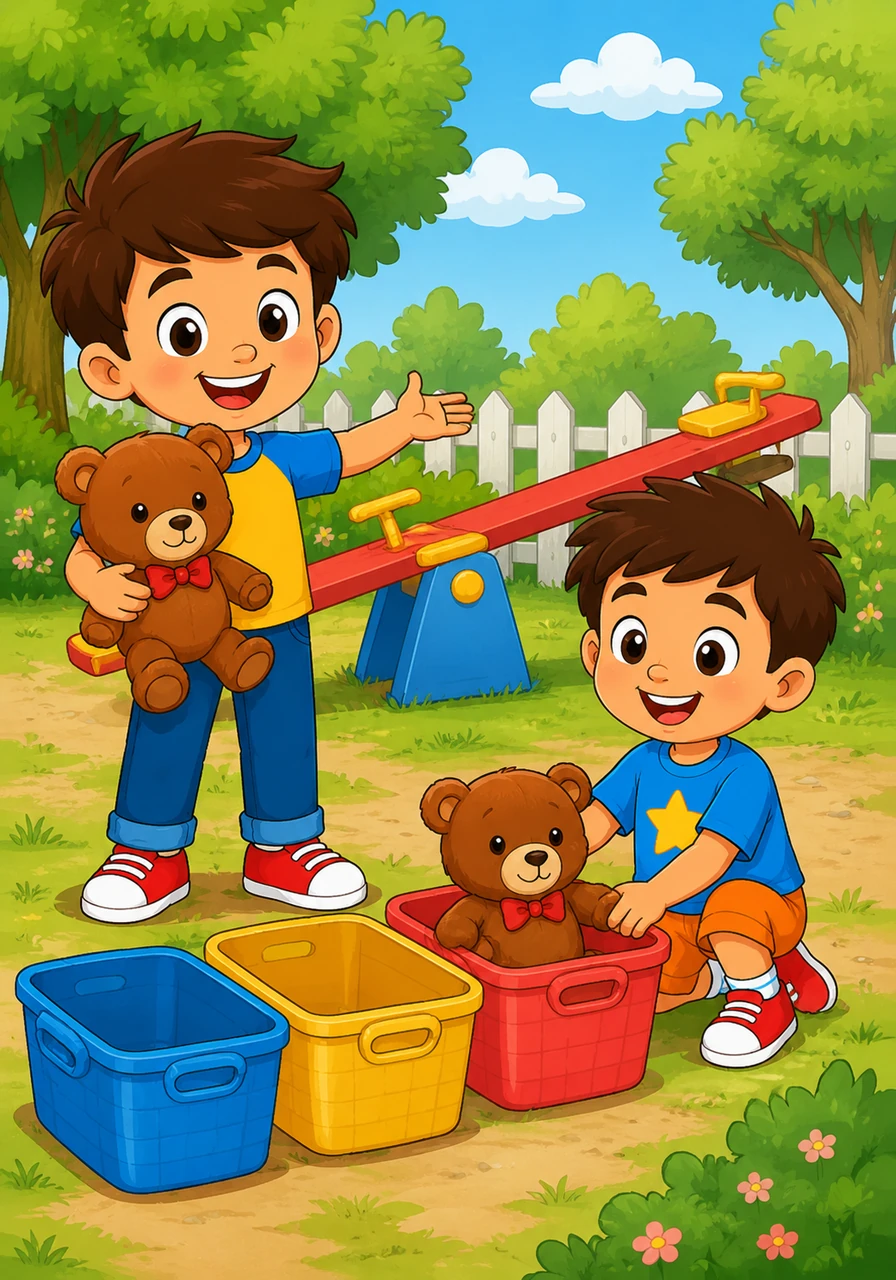 Next, Willy finds a soft brown teddy bear lying near the see-saw and picks it up. He looks at the audience and asks which letter box the teddy bear belongs in. After waiting for an answer, they happily place the teddy into the basket labeled with a big Tt.