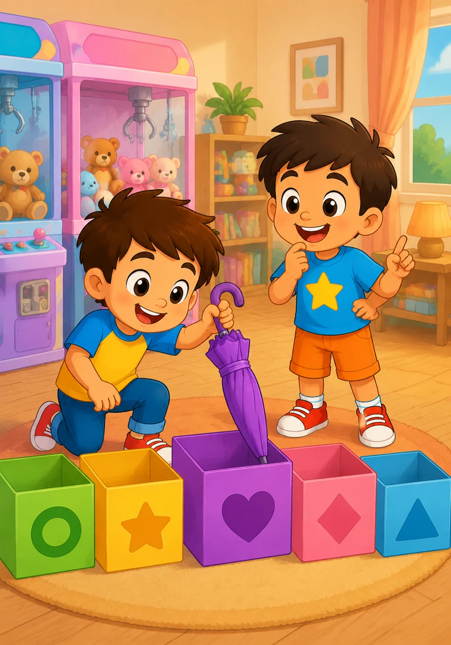 Timmy reaches for a bright purple umbrella that was lying near the pastel claw machines. He asks the friends at home to help him find the box that starts with the same letter as umbrella. They celebrate together as the umbrella goes into the box marked Uu.