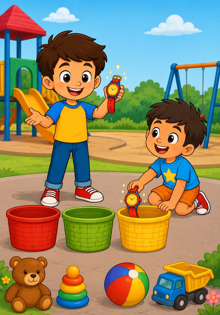 Willy spots a shiny toy watch on the ground and picks it up to show everyone. He asks the audience if they know which letter box is the right home for the watch. With a big smile, they place the watch into the Ww basket, and the playground looks much better.