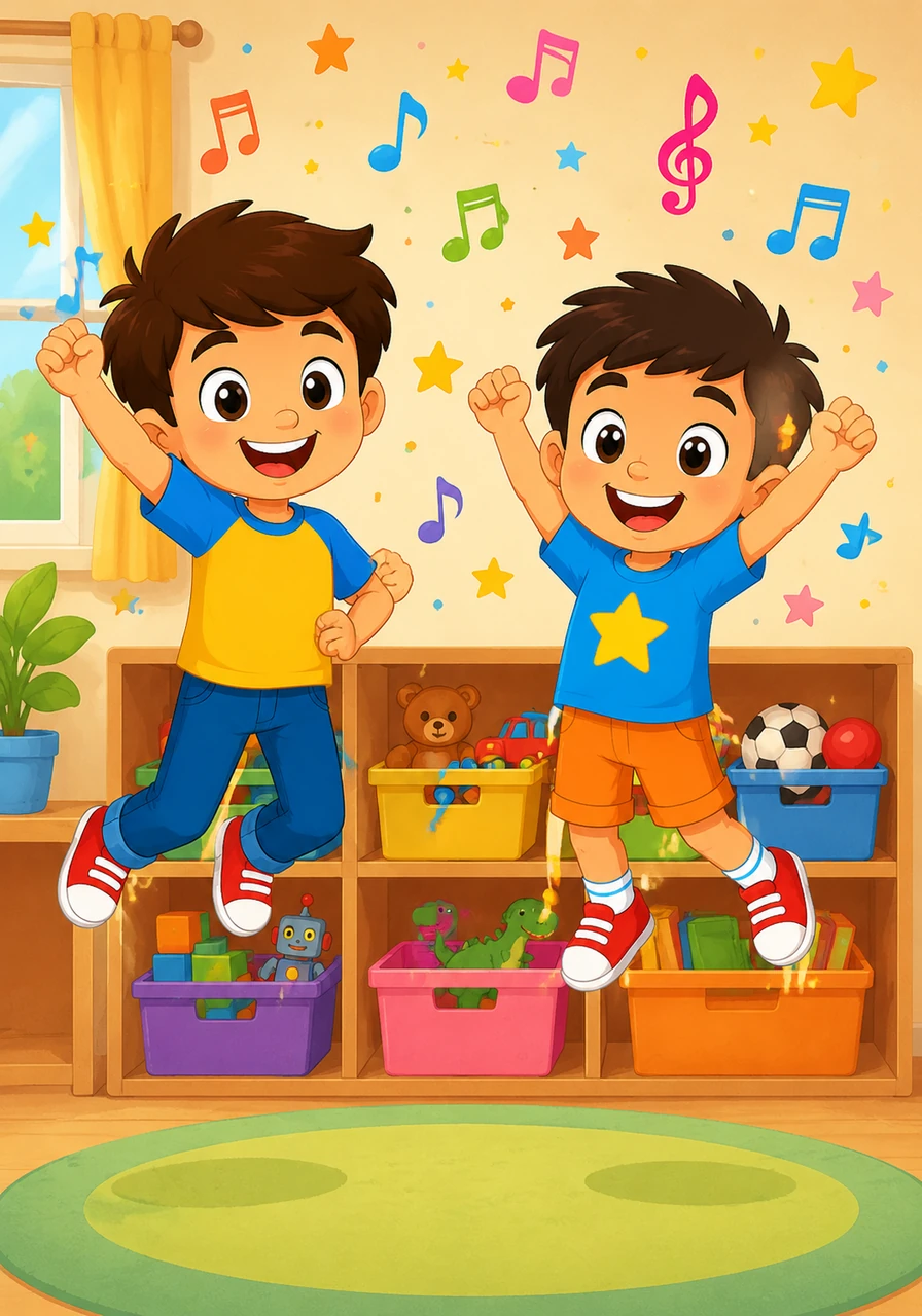 All the toys are now neatly tucked away in their specific labeled boxes. Willy and Timmy jump up and down with joy while colorful musical notes and stars fill the air. Willy exclaims, "Great job, everyone!" to celebrate their successful cleanup.