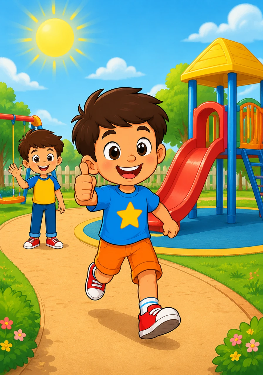 Timmy runs toward the slide safely now that the path is clear of toys. He gives a big thumbs up and tells the audience that it is finally safe to play again. The sun shines brightly over the clean and organized playground.