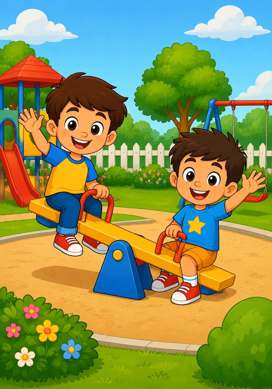 Willy and Timmy play together on the see-saw, laughing and enjoying their tidy playground. They look at the camera one last time to lead a final cheer. Can you say: Clean up, clean up!
