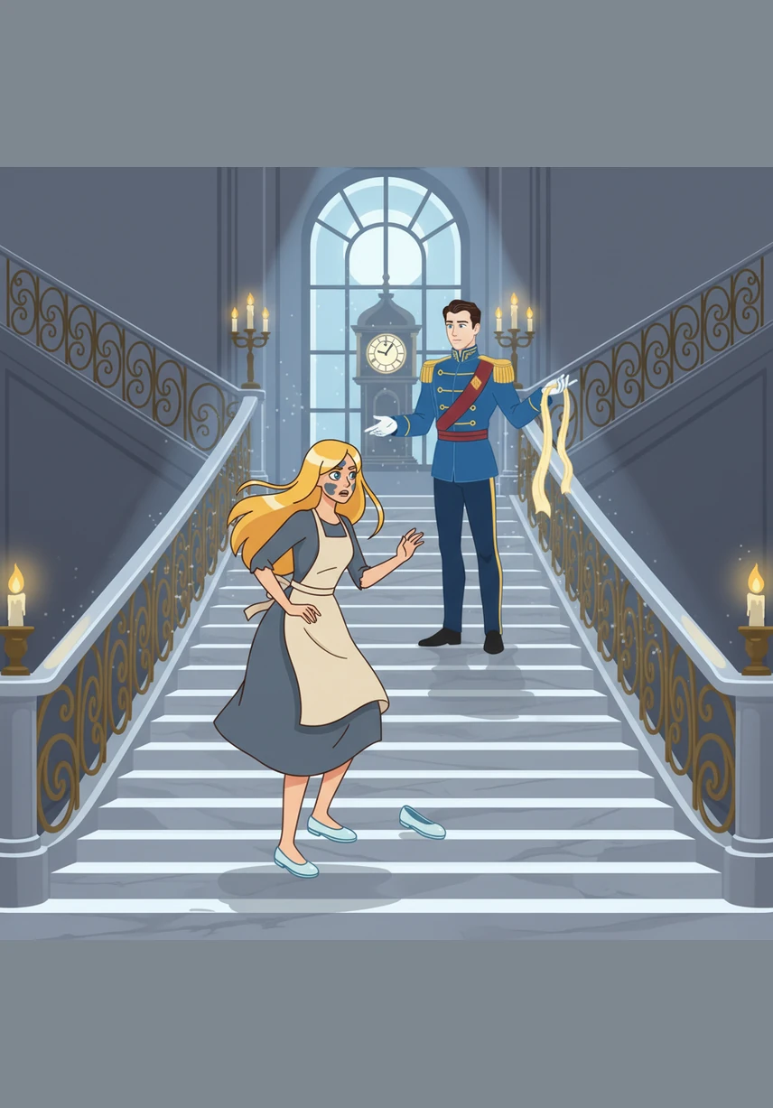 As the clock towers began to chime midnight, Ella felt the magic start to flicker and fade. Instead of rushing down the palace stairs in a panic, she paused and took a deep breath, looking back at the Prince with a determined smile.