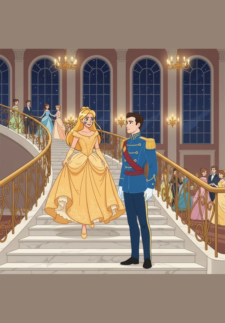 Ella carefully descended the grand marble staircase, holding her shimmering gown high to ensure her glass slippers stayed firmly on her feet. She was determined to leave the ball on her own terms, keeping her secrets and her shoes safe from the cobblestones.