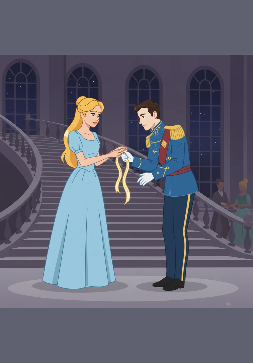 At the bottom of the stairs, the Prince caught up to her, breathless and intrigued by her sudden departure. Ella reached up and untied a glowing silk ribbon from her hair, pressing it into his hand as a token of their conversation before disappearing into the night.