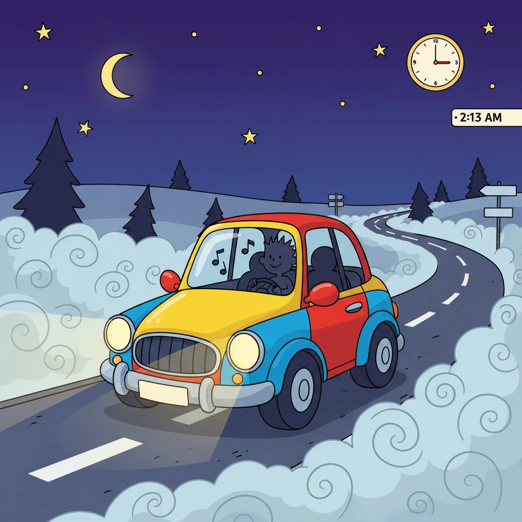 Leo was driving his brightly colored car down a long, winding road late at night. A gentle, swirly fog hugged the ground, barely lit by his car's big, friendly headlights. He hummed a little tune, feeling completely alone on the quiet highway at 2:13 AM.