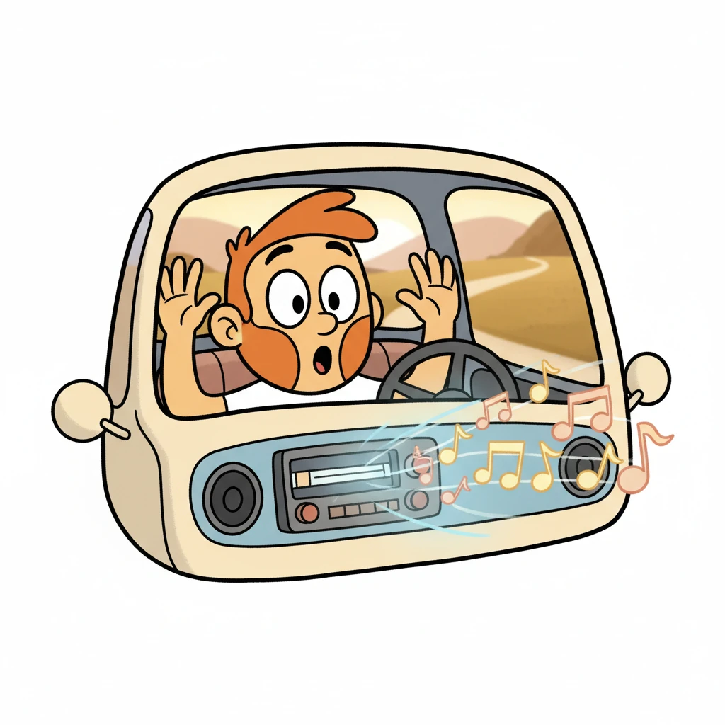 Suddenly, with a cheerful 'POP!', the car radio sprang to life all by itself. Leo's eyes widened in surprise, his hands lifting from the steering wheel in a cartoonish gesture. An old, familiar melody, a sweet and gentle tune, began to play from the speakers.