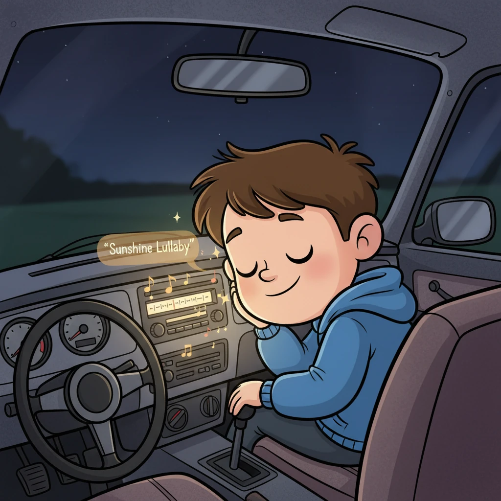 Leo leaned closer to the radio, his ear comically tilted, a soft, nostalgic smile spreading across his face. It was 'Sunshine Lullaby,' a song his beloved grandmother used to sing. The music filled the quiet car, making the dashboard glow with a warm, comforting light.