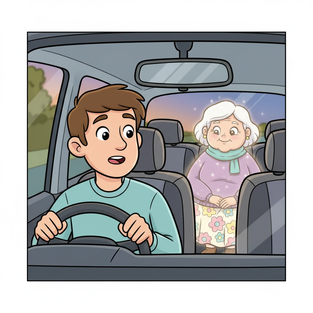 As the song played, Leo glanced into his rear-view mirror, a whimsical thought crossing his mind. To his utter astonishment, a soft, shimmering figure with a kind, familiar smile was sitting in the back seat! The figure was translucent, like a gentle, glowing whisper.
