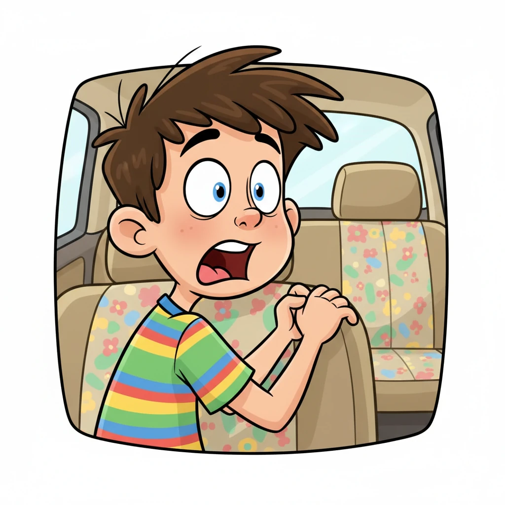 With a startled gasp and an exaggerated jolt, Leo whipped his head around, his eyes as wide as saucers. But the back seat was completely, utterly empty. Only the plush, patterned fabric of the seat could be seen, looking perfectly ordinary and undisturbed.