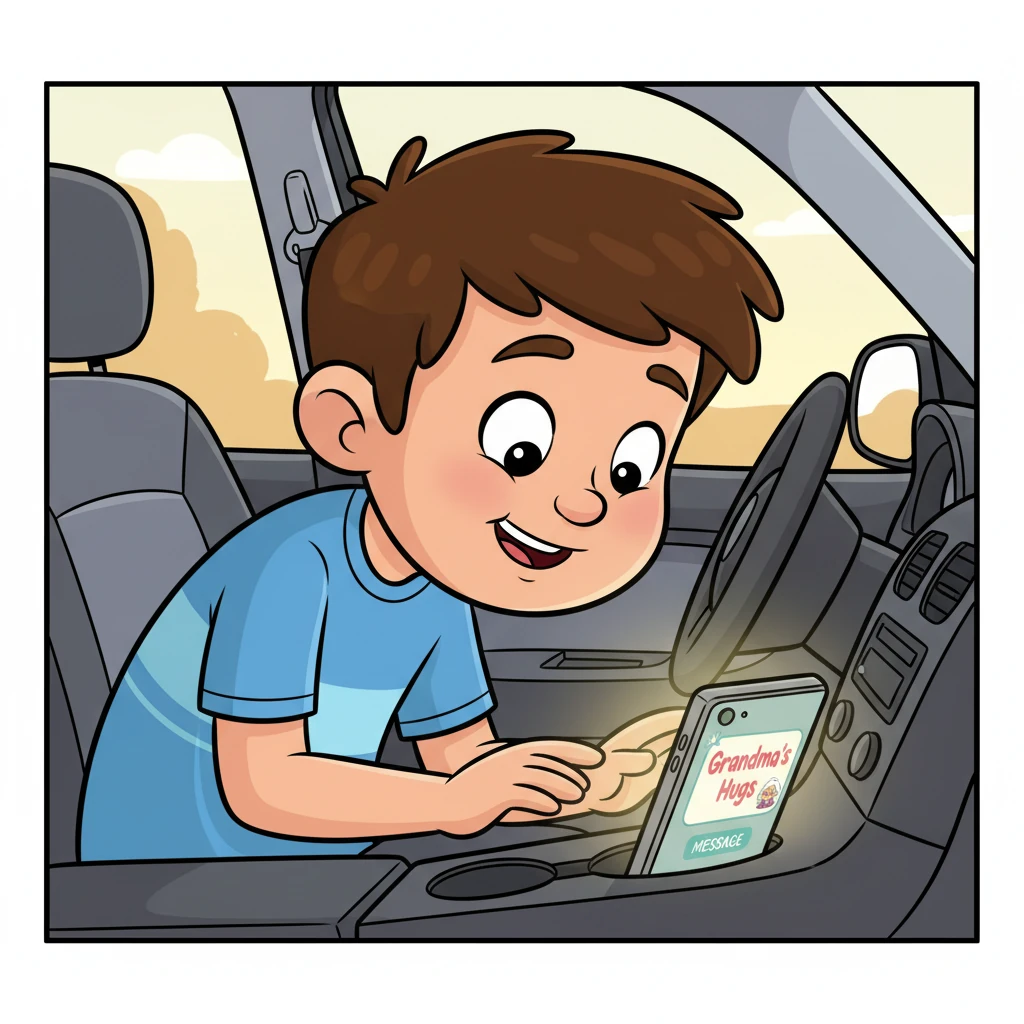 Just as he was about to shrug it off, his phone, resting in the cup holder, suddenly lit up with a bright, friendly glow. The screen showed a new message, and Leo's heart did a little flip-flop. The caller ID displayed 'Grandma's Hugs,' a contact name he hadn't seen in years.