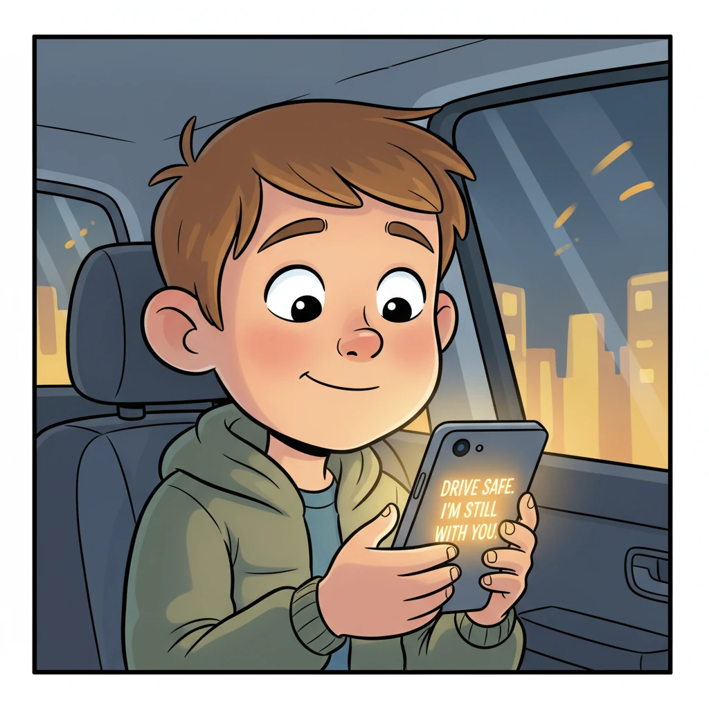 Leo carefully picked up his phone, his thumb hovering over the screen. The message popped open, its words glowing warmly: 'Drive safe. I’m still with you.' A wave of warmth and wonder washed over Leo, making his expressive face soften with emotion.