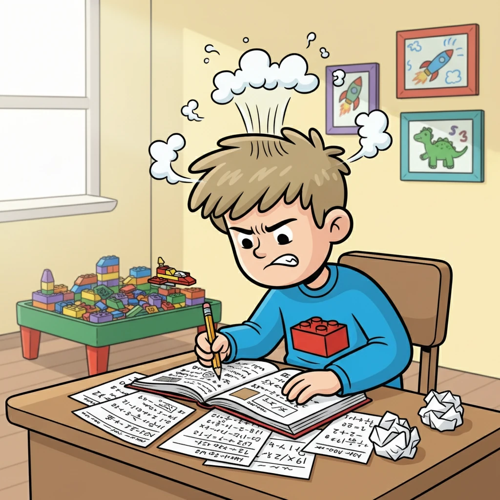 David, a boy with messy, dirty blonde hair, sat at his desk, staring at a challenging math problem. Frustration bubbled inside him like a volcano. He wanted to escape, to run away to the Lego table in the corner.