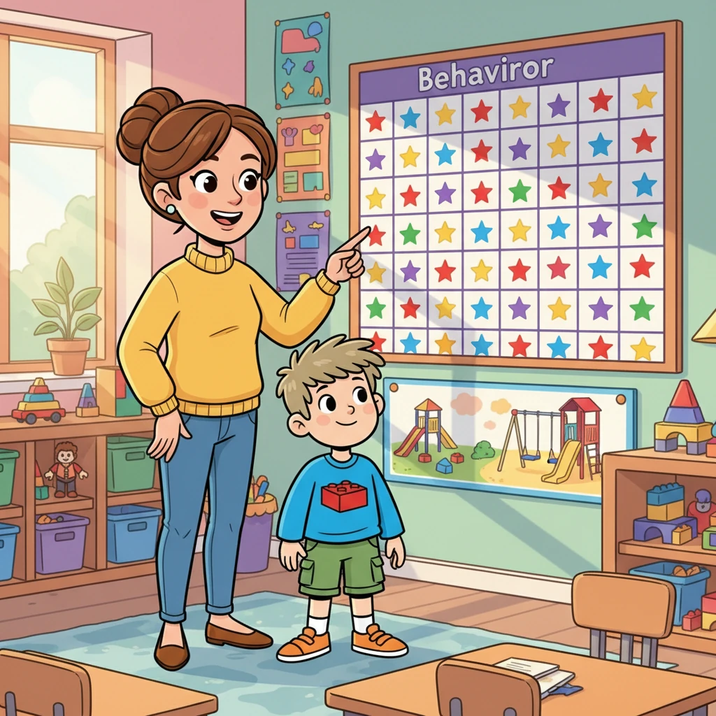 Ms. Sunshine pointed to David's behavior chart, filled with colorful stars. Each star represented a good choice, a moment he stayed in his area, or completed a task. He knew a fun break was waiting for him.