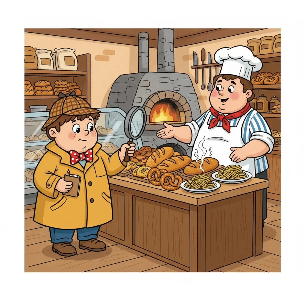 Seine erste Befragung führte ihn zu dem freundlichen Bäcker, der über Kohlenhydrate sprach. Er erklärte, dass Kohlenhydrate Energie liefern, wie zum Beispiel Brot und Nudeln. Der Bäcker schien unschuldig, aber Max notierte alles in seinem Notizbuch.