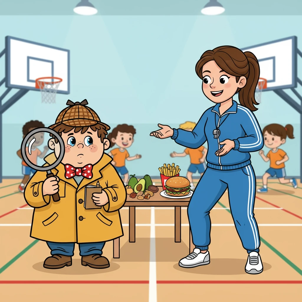 Als Nächstes traf Max die Sportlehrerin, die Fette erklärte. Sie erzählte, dass Fette wichtig für den Körper sind, aber man nicht zu viel essen soll. Die Sportlehrerin hatte ein Alibi, da sie Sport trieb.