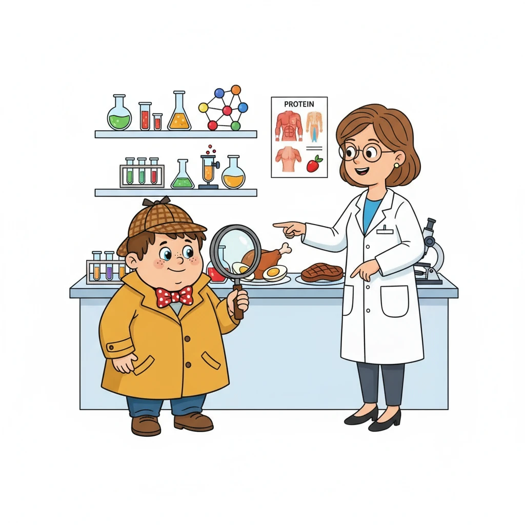 Im Labor traf Max den Wissenschaftler, der über Eiweiße sprach. Eiweiße sind wichtig für den Muskelaufbau, wie zum Beispiel Fleisch und Eier. Auch der Wissenschaftler hatte ein Alibi, er forschte an gesunden Lebensmitteln.