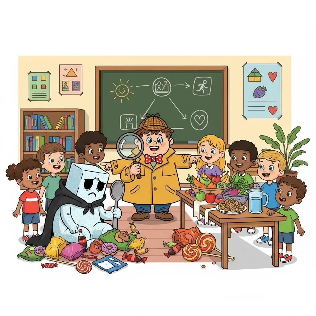 Am Ende entlarvte Max den Zucker-Schurken! Er hatte heimlich zu viel Zucker in die Lebensmittel gemischt. Max erklärte den Kindern die Bedeutung einer ausgewogenen Ernährung und das Geheimnis eines gesunden Lebens.