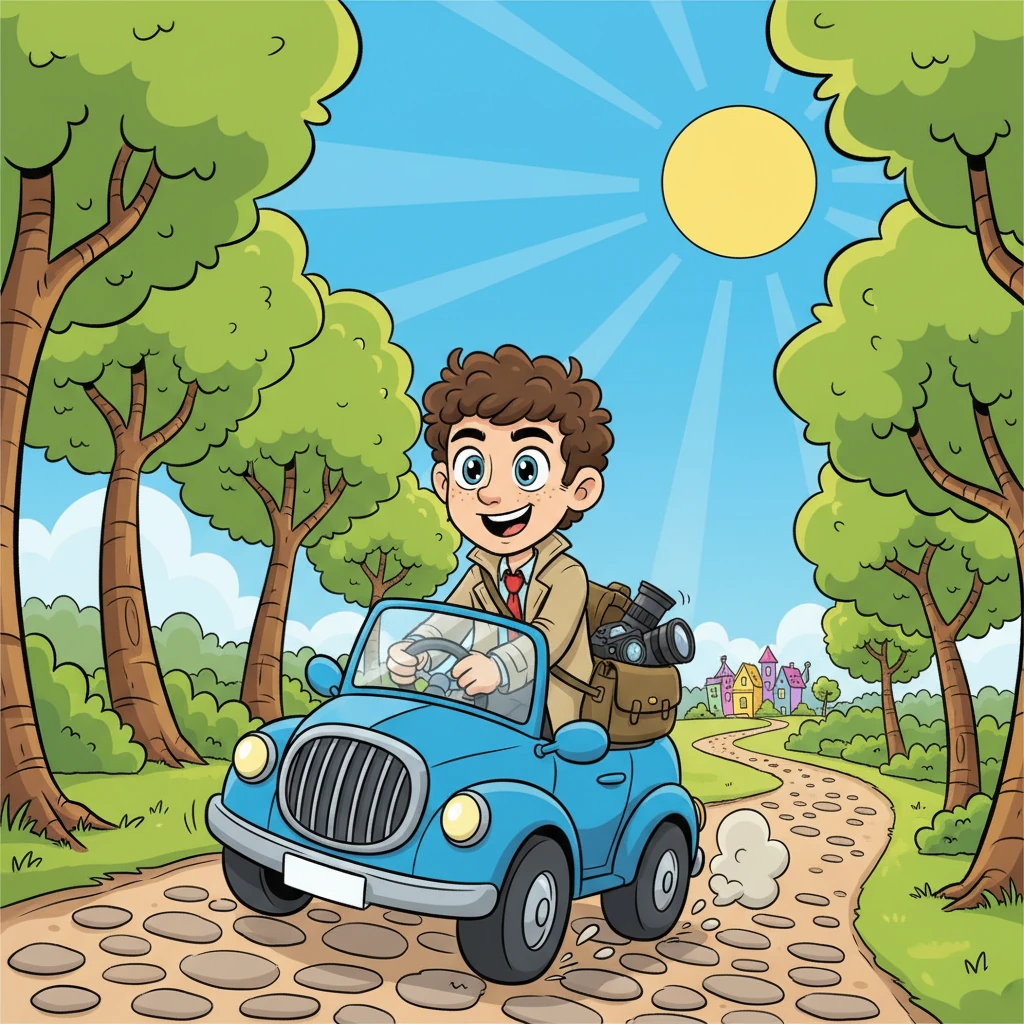 Leo Maxwell, a young journalist with an insatiable curiosity, bounces down a winding road in his trusty, slightly wobbly car. His camera bag sits beside him, brimming with excitement for the mysterious town of Whispering Hollow. The sun shines brightly, illuminating quirky, oversized trees that line the path, their branches waving a whimsical welcome. He grins, eager to uncover the town's legendary secrets.