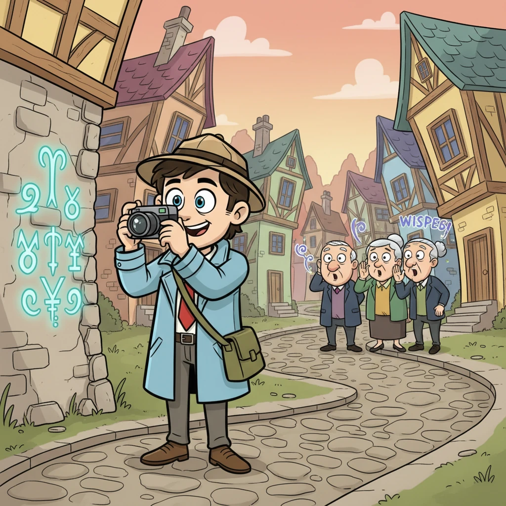 Upon arrival, Whispering Hollow reveals itself as a peculiar place with houses tilted at odd angles and cobblestone streets that twist like ribbons. Leo immediately notices strange, glowing symbols etched into ancient stone walls and hears hushed whispers from townsfolk with exaggerated expressions. A sense of playful unease fills the air as he snaps photos, his journalistic instincts tingling.