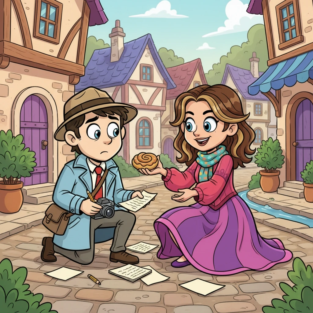 While exploring, Leo bumps into Elara, a charming local with eyes as sparkling as the village brook and a mischievous smile. She helps him gather his scattered notes, her flowing dress swirling with vibrant patterns. Elara offers him a peculiar local pastry and a cryptic warning about "curiosity stirring the old stones," her tone light but her gaze knowing. Leo feels an instant connection, intrigued by her mysterious allure.