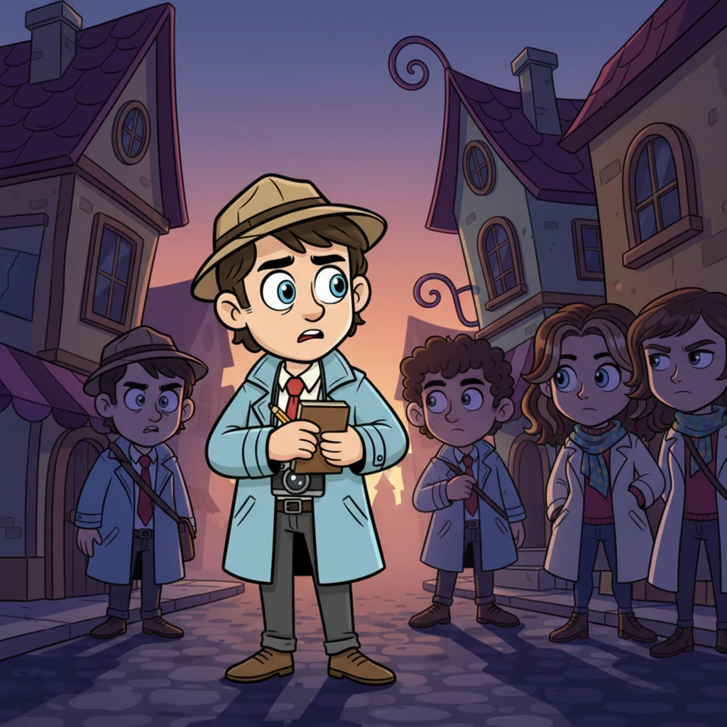 As dusk settles, a chilling realization washes over Leo; he's being watched. Peculiar townsfolk, their faces now less friendly and more stern, emerge from the shadows, their exaggerated eyes following his every move. The whimsical architecture seems to loom, and the cheerful colors of the town take on a slightly menacing glow. He clutches his camera tighter, sensing danger closing in.