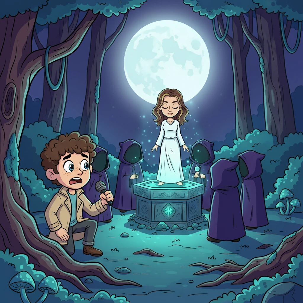 Under the eerie glow of a full moon, Leo secretly observes the ritual in the hidden grove. The townsfolk, now cloaked and chanting, stand around a shimmering altar, and to his horror, Elara is at the center, looking serene yet vulnerable. The vibrant colors of the scene are punctuated by dramatic, elongated shadows, as the ritual's dark purpose becomes terrifyingly clear.
