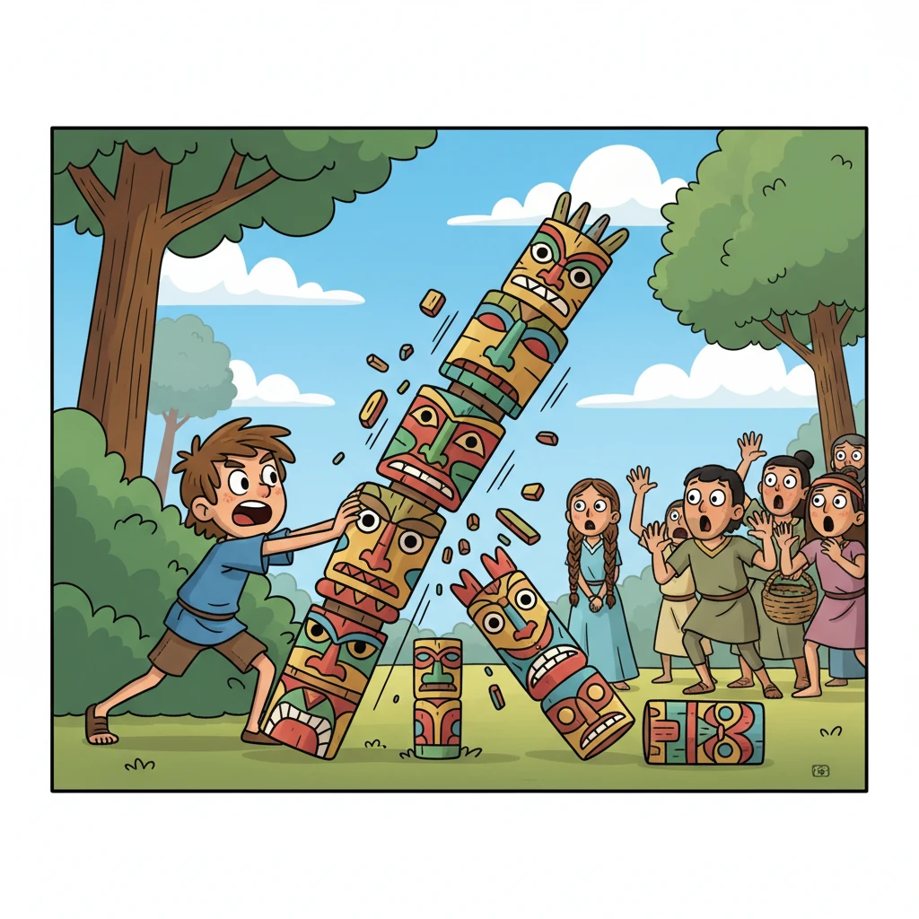 With a surge of courage, Leo bursts from his hiding spot, determined to save Elara. He creates a diversion, knocking over a stack of ancient, wobbly totems, sending them clattering like giant dominoes. The townsfolk gasp in exaggerated shock, their ritual momentarily disrupted, giving Leo a precious window to reach Elara.