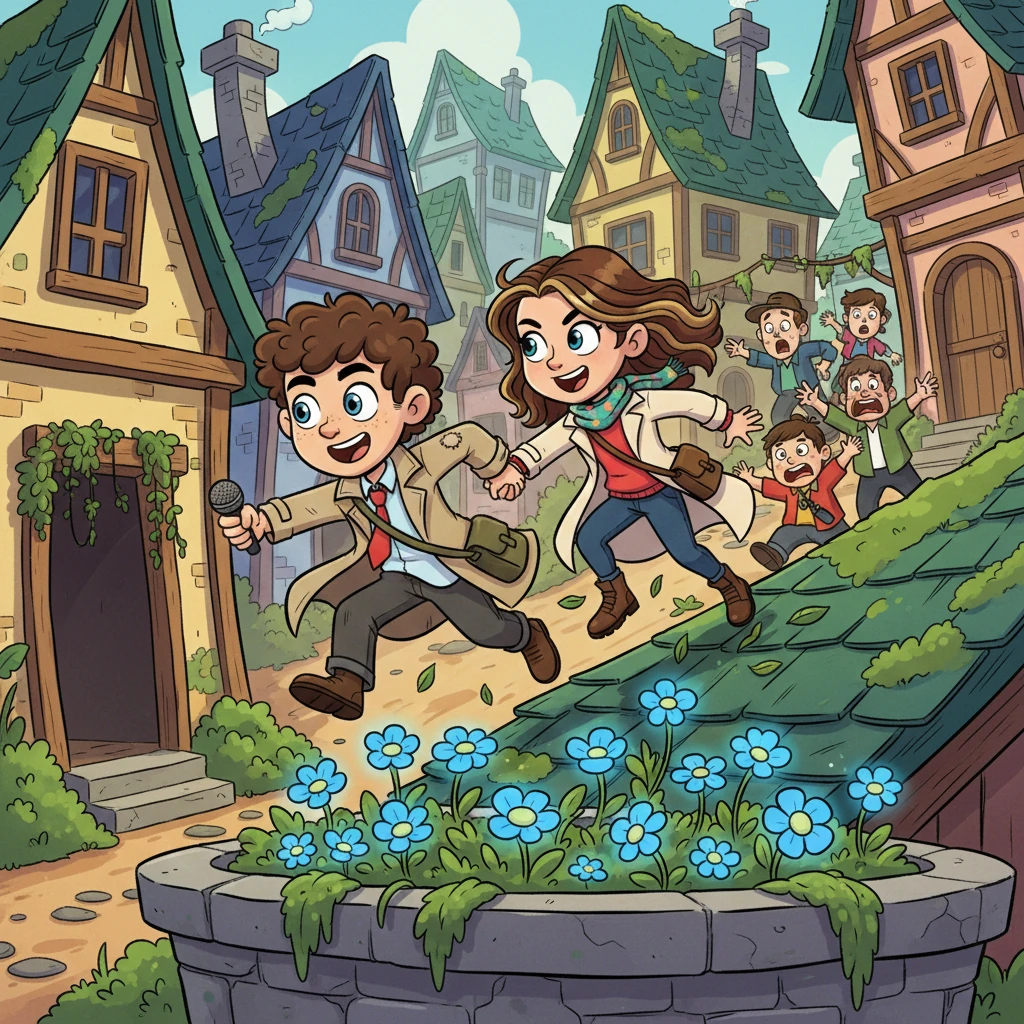 Grabbing Elara's hand, Leo races through the labyrinthine streets of Whispering Hollow, the startled townsfolk hot on their heels. They leap over whimsical obstacles, slide down a mossy rooftop, and duck through secret passages, their exaggerated movements fueled by adrenaline. Elara, now awake and aware, matches his pace, a determined glint in her eyes.