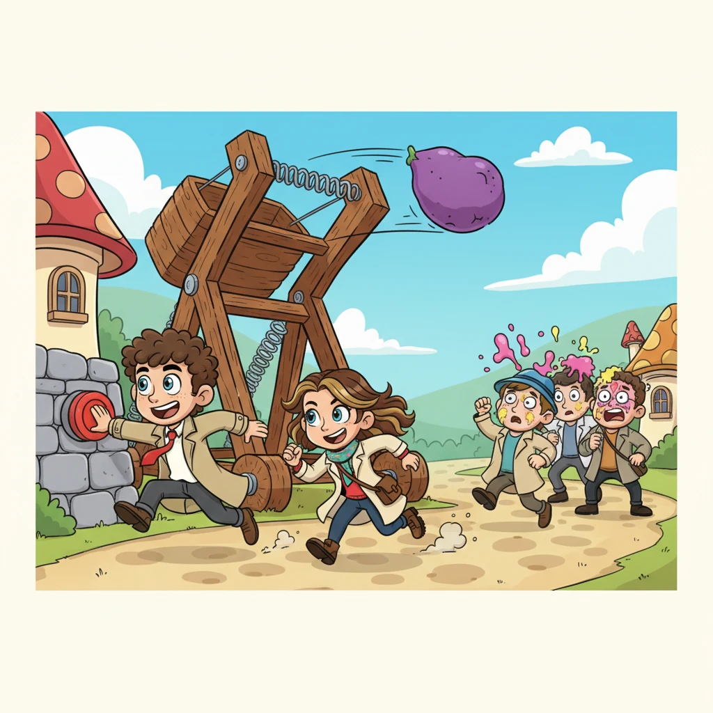 Cornered at the town's edge, Leo and Elara use their wits. Elara reveals a hidden switch that activates a playful, oversized catapult, launching a giant, squishy fruit towards their pursuers. The townsfolk are comically splattered and momentarily dazed, allowing Leo and Elara to make their final dash for freedom, leaving the peculiar town behind.