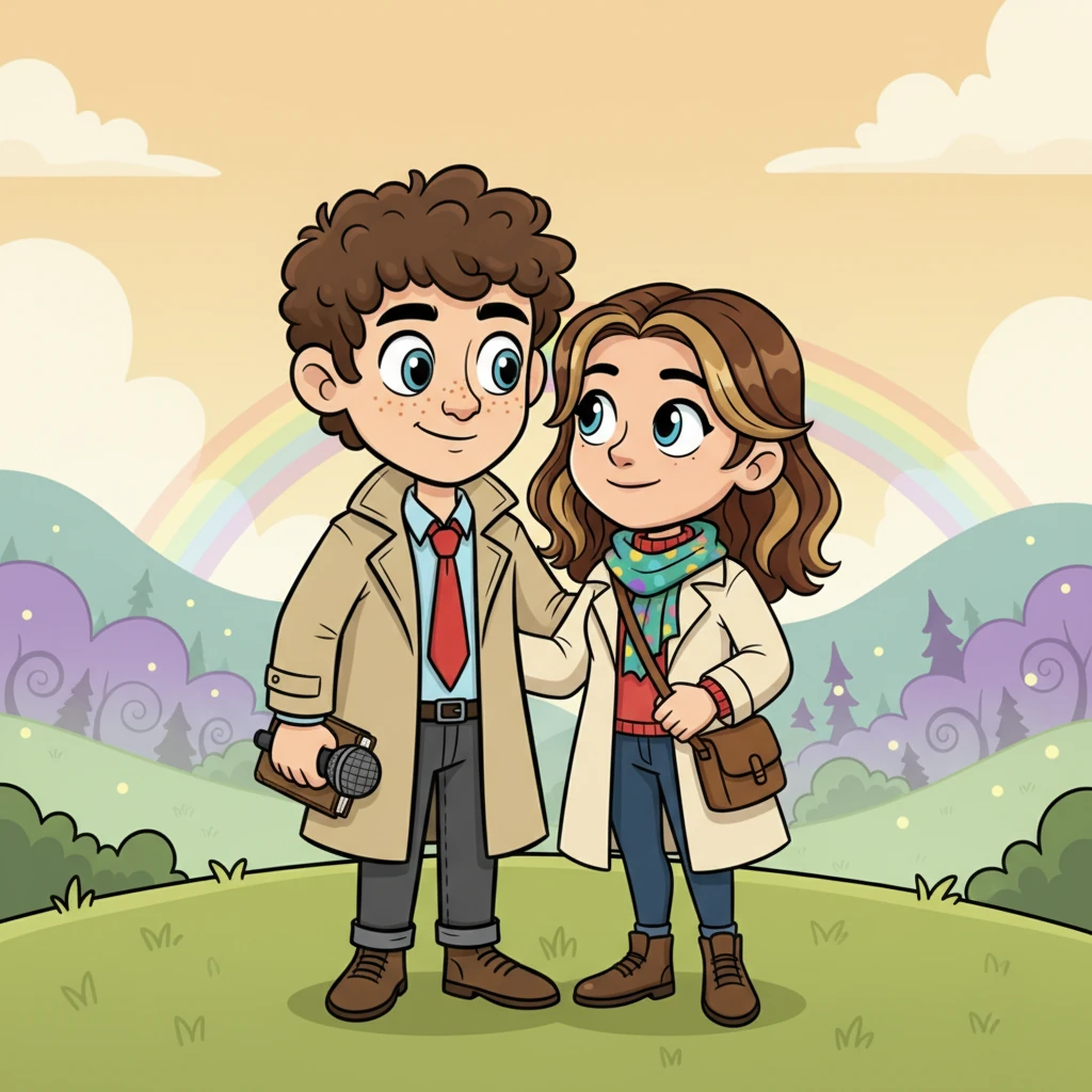 Safe on a distant hill, overlooking the now peaceful-looking Whispering Hollow, Leo and Elara share a moment of relief and quiet triumph. The adventure has forged a deep connection between them, a budding romance amidst the shared danger. Leo smiles, not just at the incredible story he has to tell, but at the brave, spirited woman by his side, ready for whatever new adventures await.